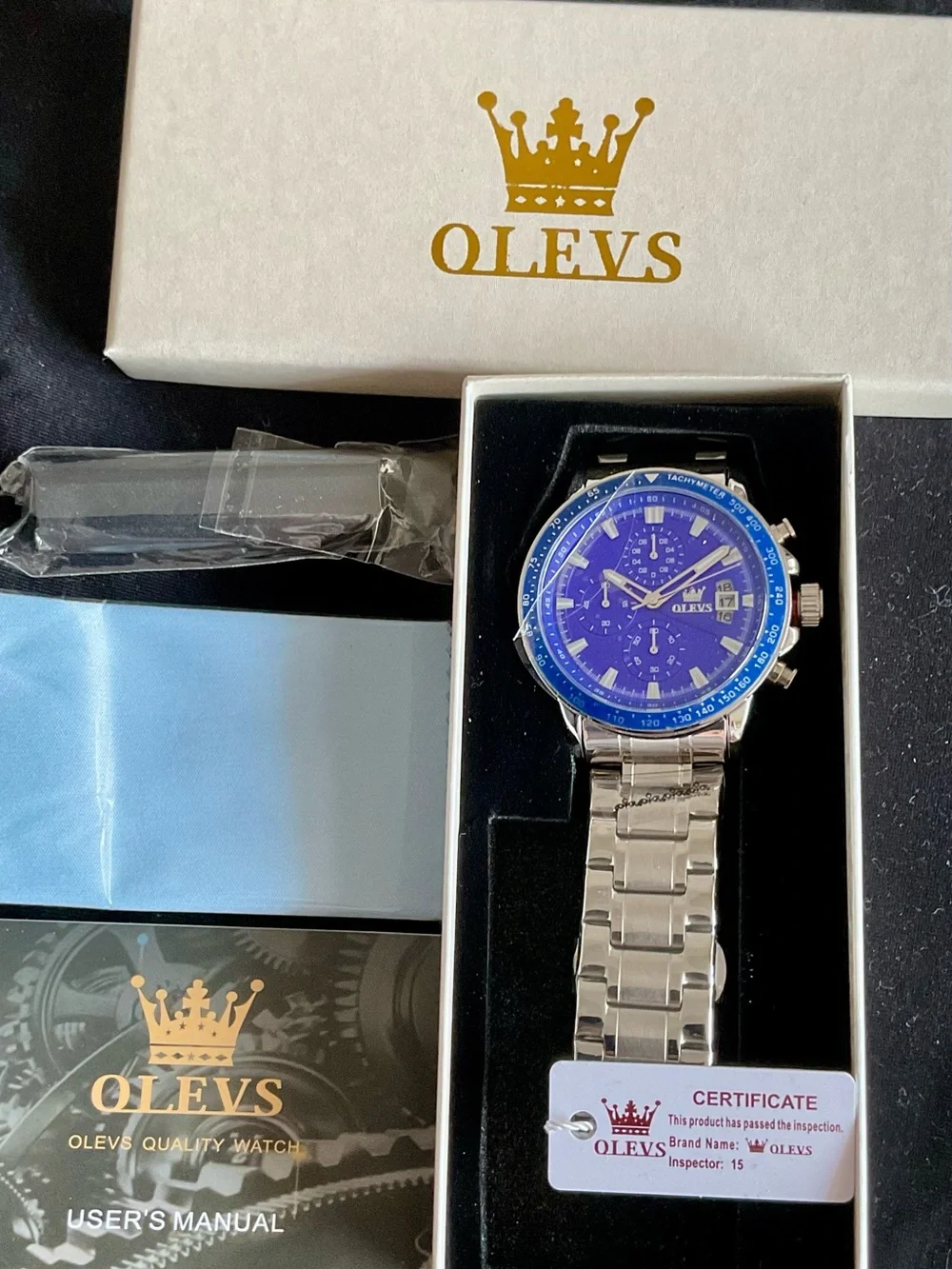 NIB OLEVS Men’s Blue Dial Stainless Steel Chronograph Watch Full Set